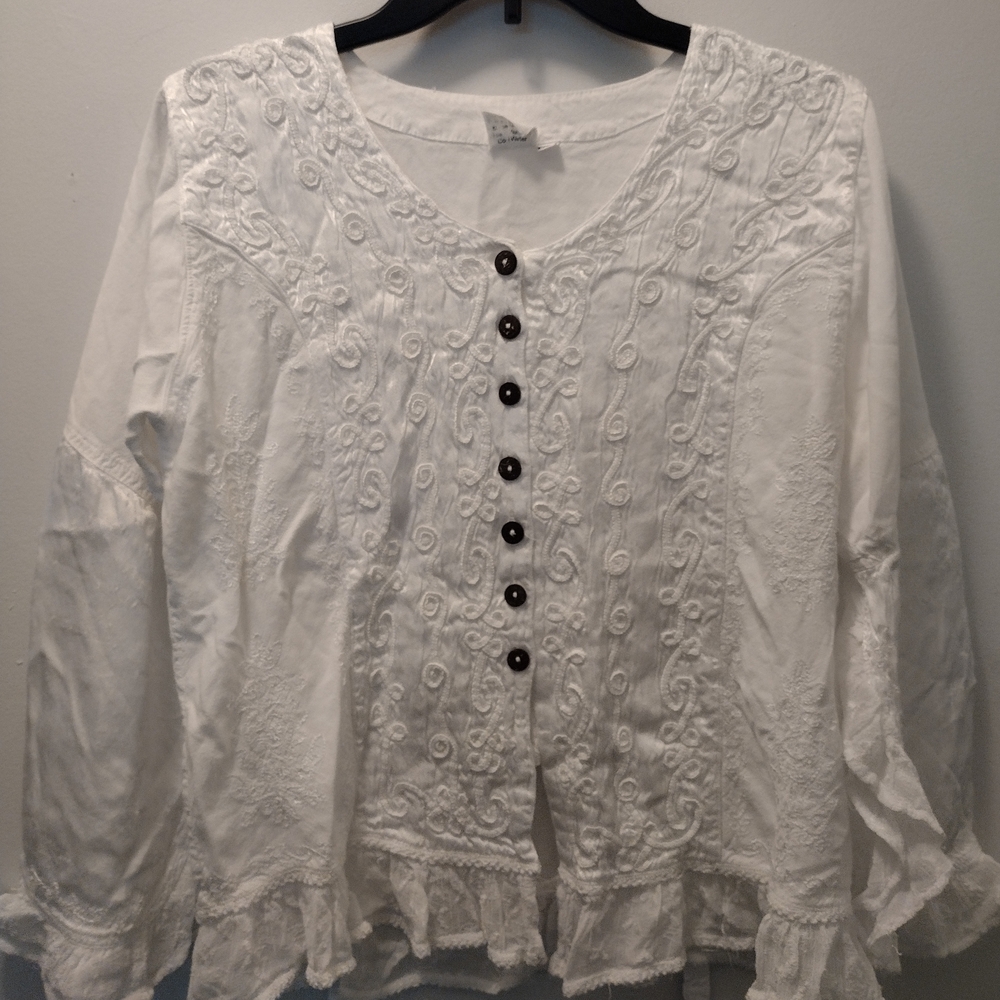 White Embroidered Button-Front Women’s Blouse